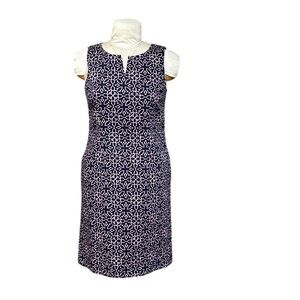 Talbots Grecian Pattern Sheath Dress Cotton Pique Split Neck Pockets Navy Pink 8